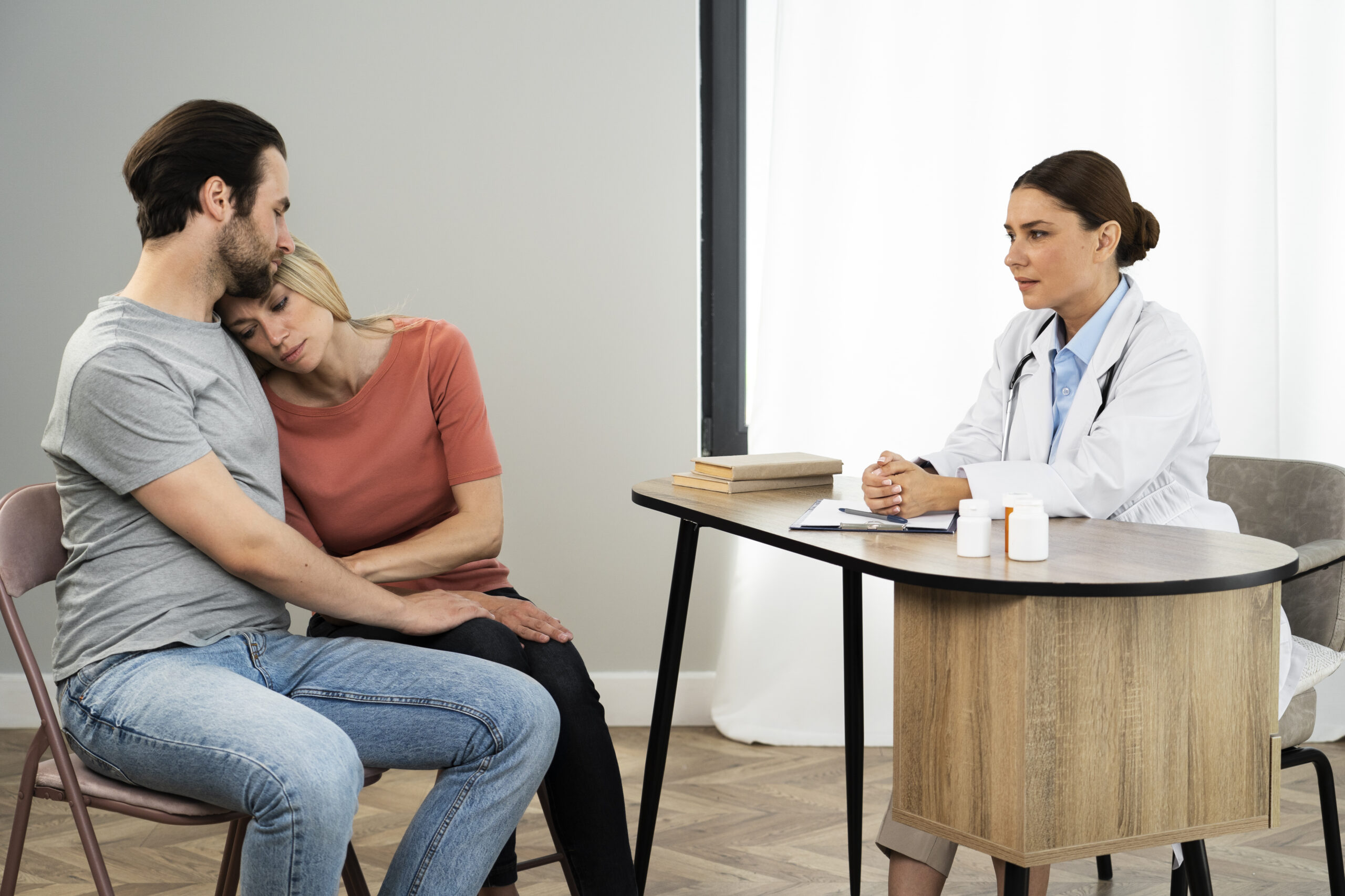 side view couple talking doctor scaled